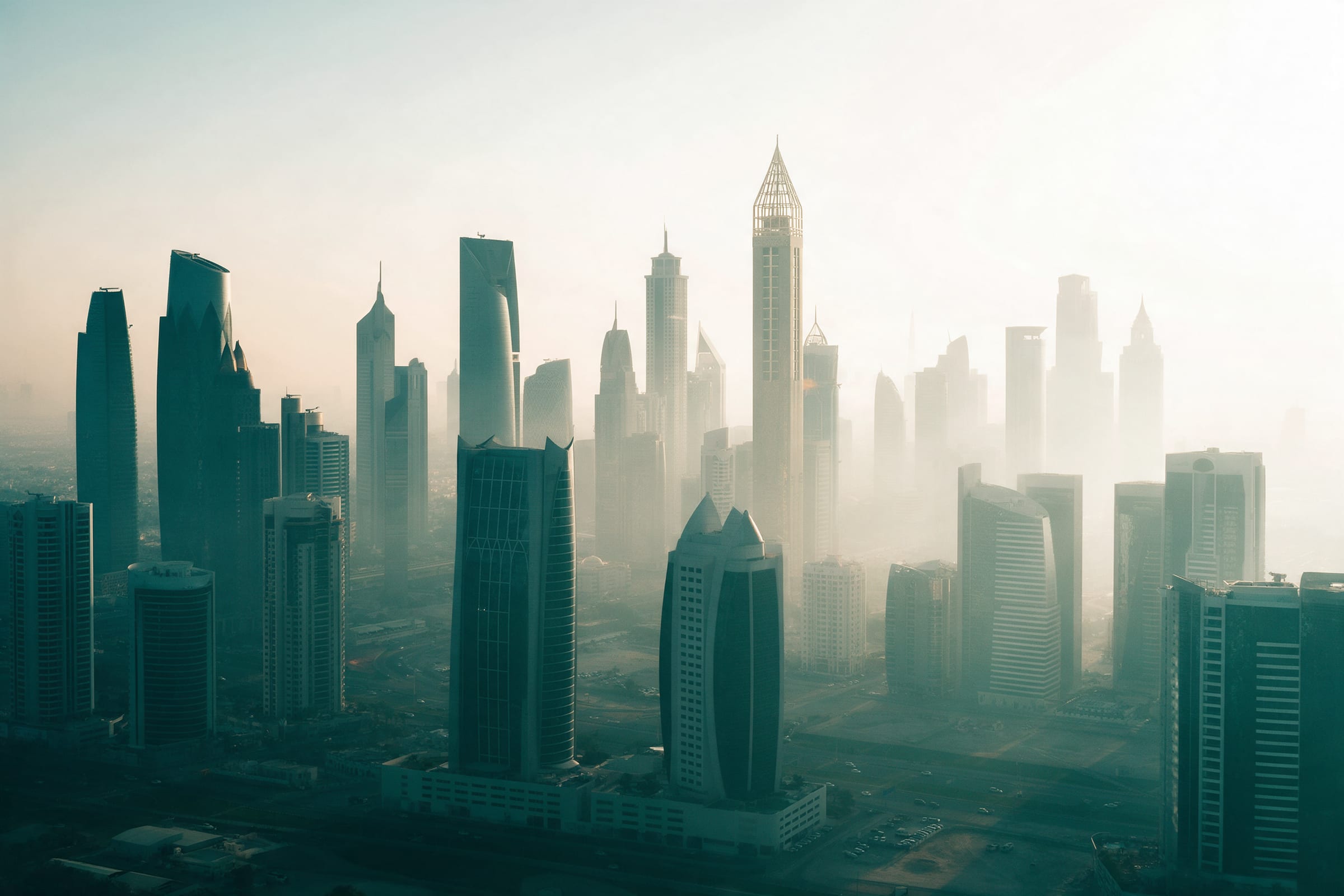 حي الأعمال في دبي عند شروق الشمس