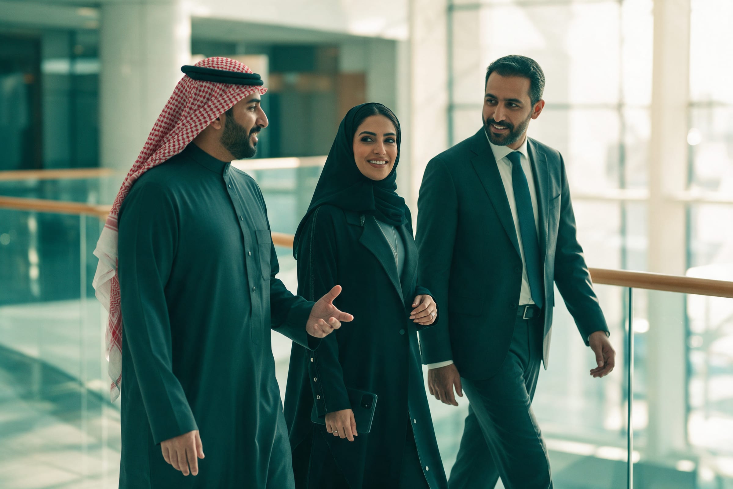 مستشارون يسيرون ويتحاورون في بهو مكتب حديث