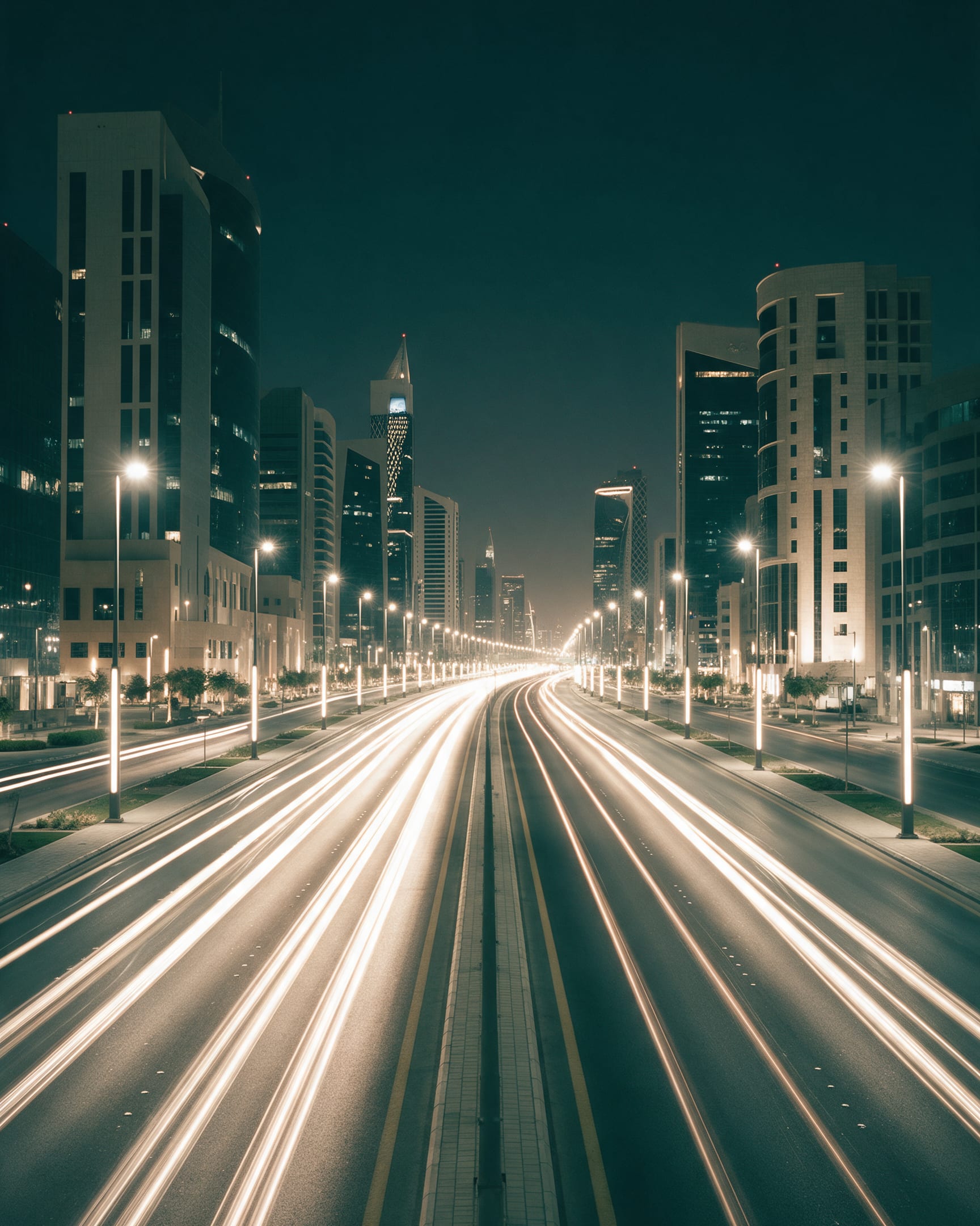شارع في الرياض ليلًا بأعمدة الإنارة وأضواء السيارات
