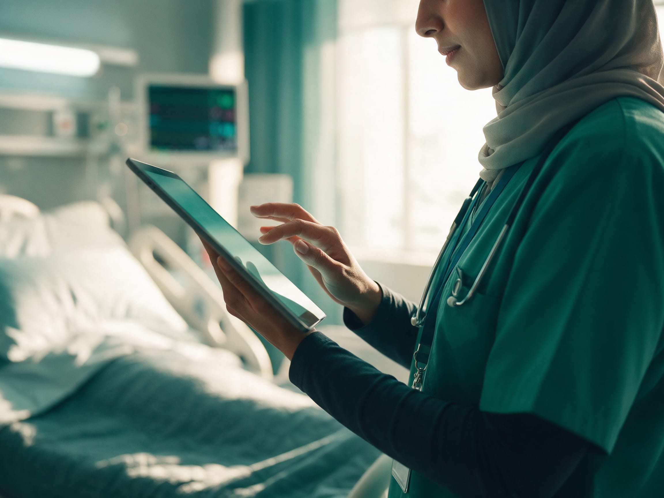 ممرضة تحدّث السجل الطبي الإلكتروني على جهاز لوحي بجانب سرير المريض