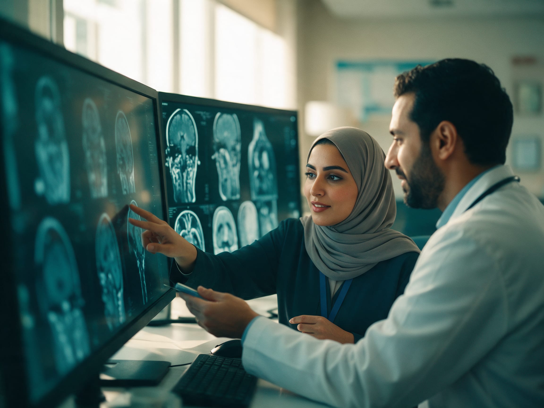 مسؤول موافقات وطبيب يراجعان الصور الطبية على الشاشات