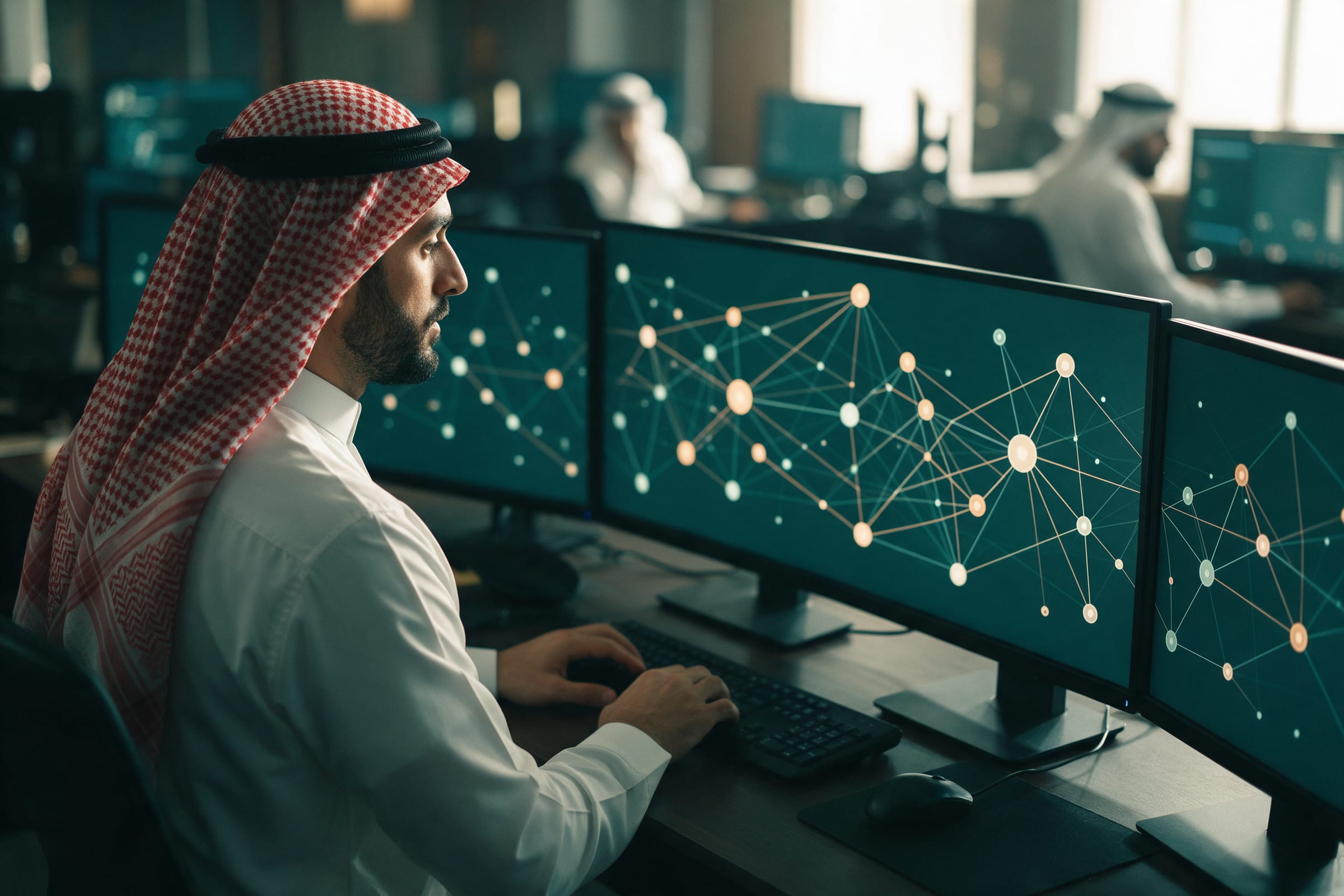 محلل مالي يراجع شبكة المعاملات على عدة شاشات