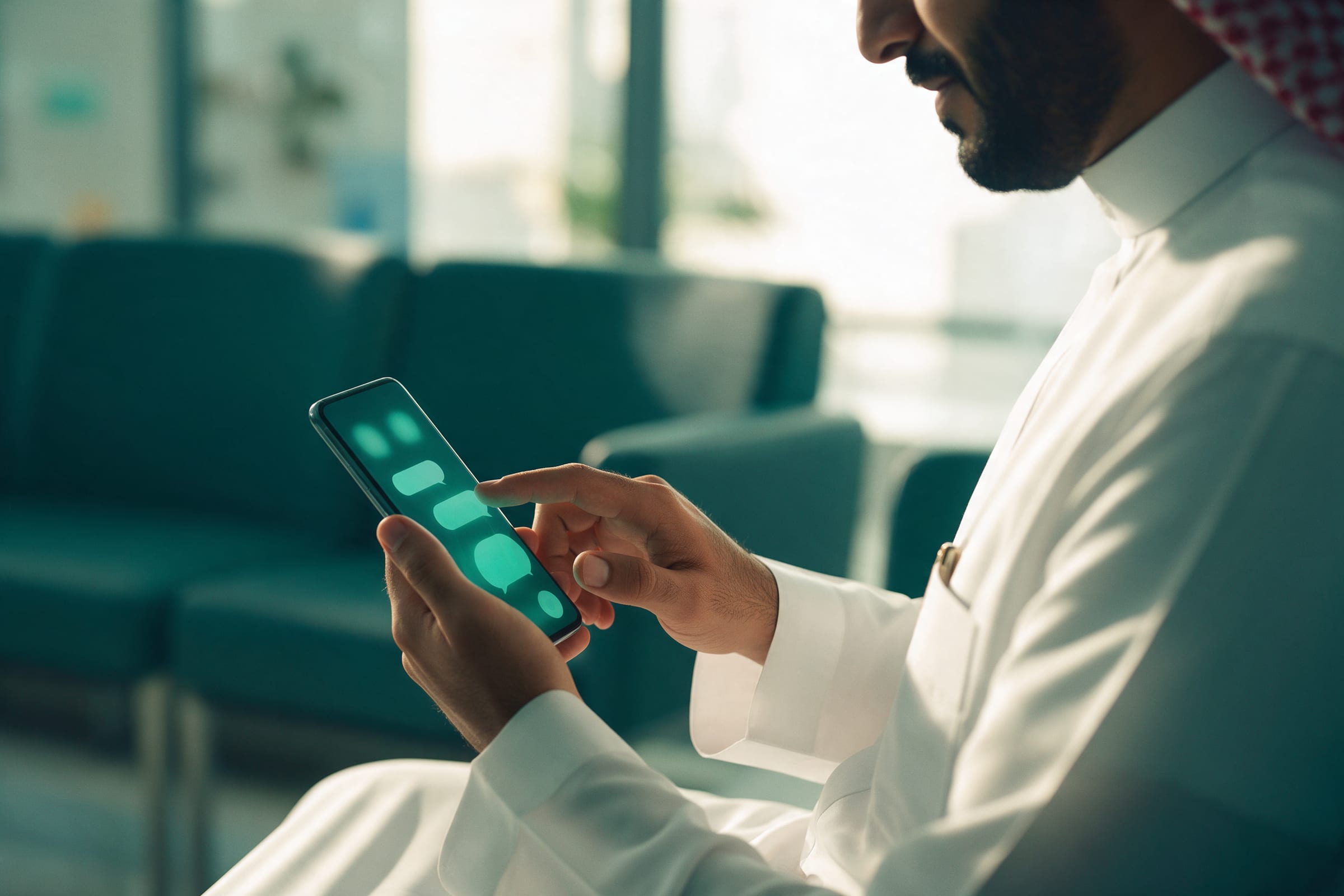 مريض بالثوب يراسل المساعد الرقمي للمستشفى من هاتفه في منطقة الانتظار