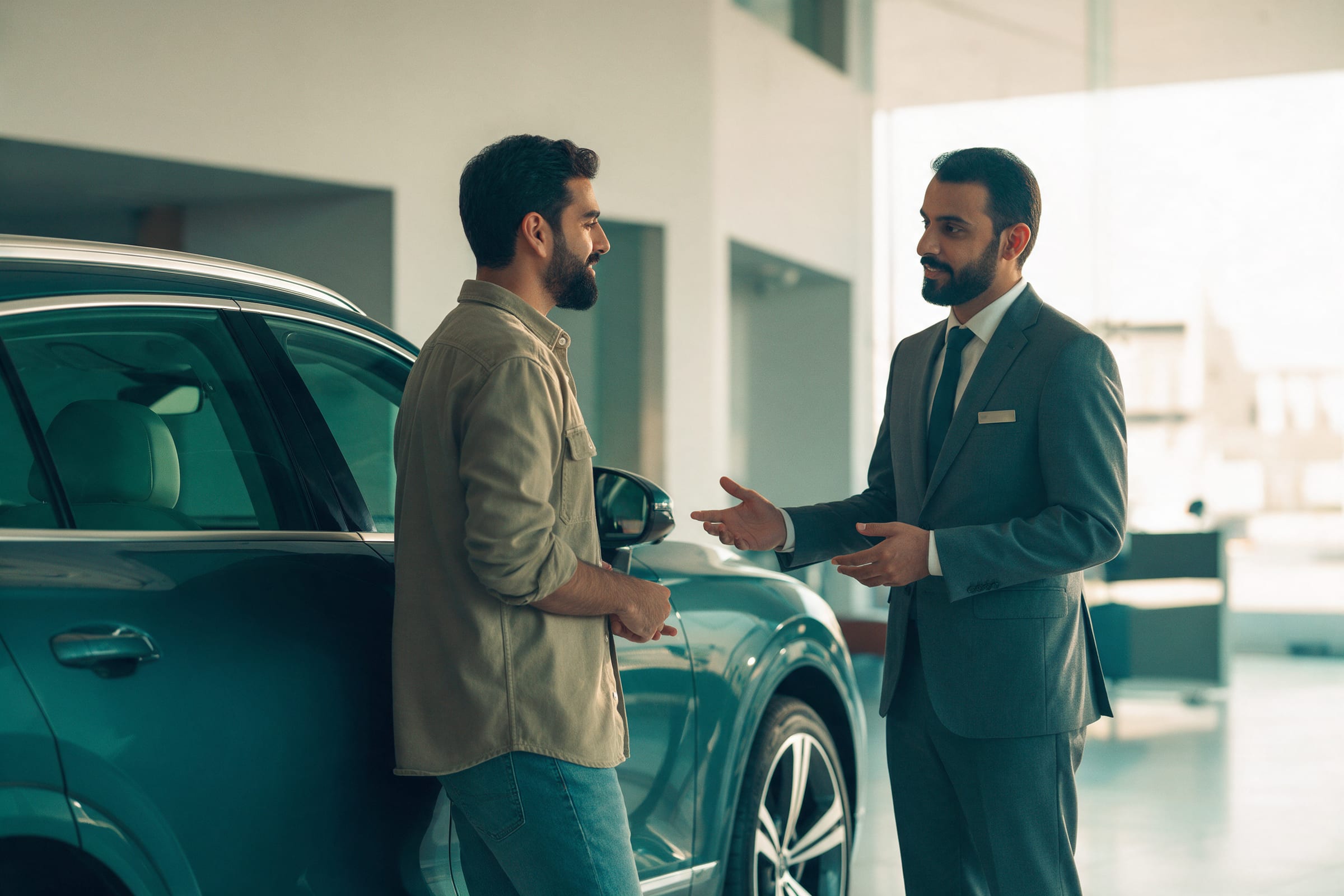 عميل يتحدث مع مستشار مبيعات بجانب سيارة رياضية متعددة الاستخدامات في صالة عرض